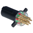 a close up of a black object with red green and gold wires