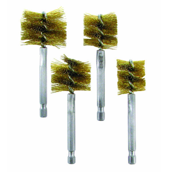4 brass brushes with a metal handle on a white background