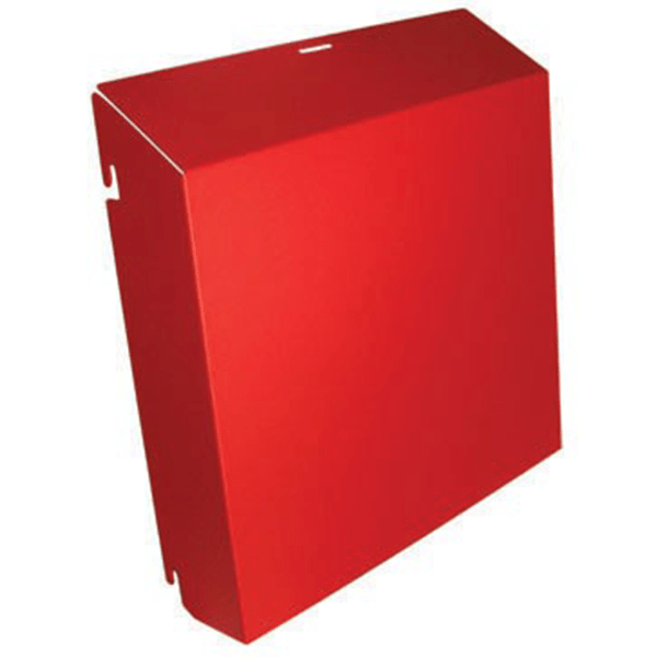 a red box is sitting on a white surface
