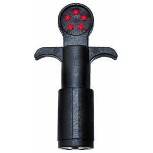 a black object with red lights on it on a white background