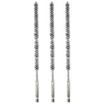 a set of three brushes with stainless steel handles on a white background