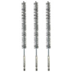 a set of three brushes with stainless steel handles on a white background