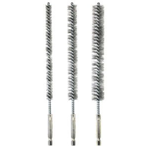 a set of three brushes with stainless steel handles on a white background