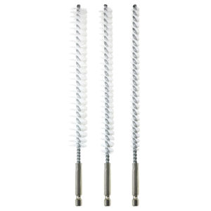 three brushes with stainless steel handles on a white background