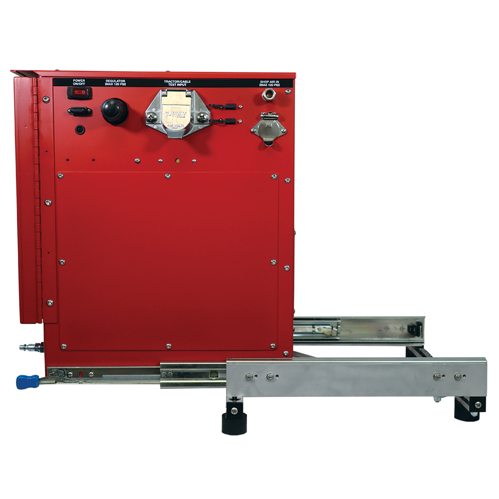 5600A-RTS_Product_Base_Fully_Extended_Right_Side a red machine is sitting on a metal stand on a white background