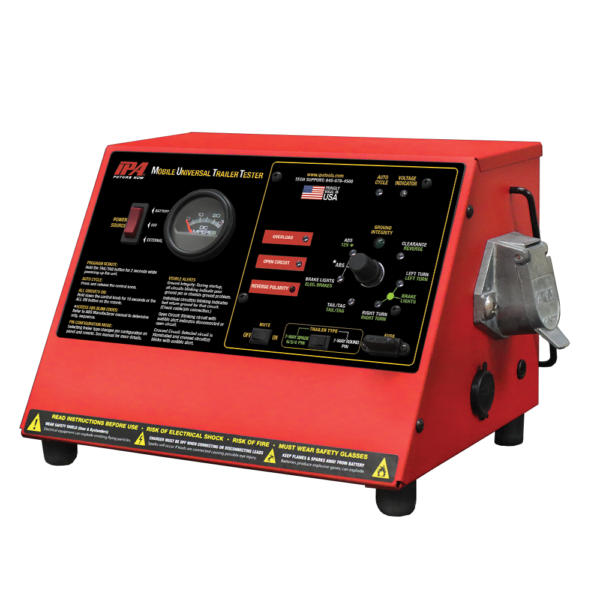 a red and black ipm mobile universal trailer tester