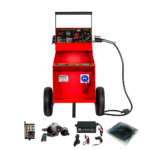 a red cart with a blue warning sign on it